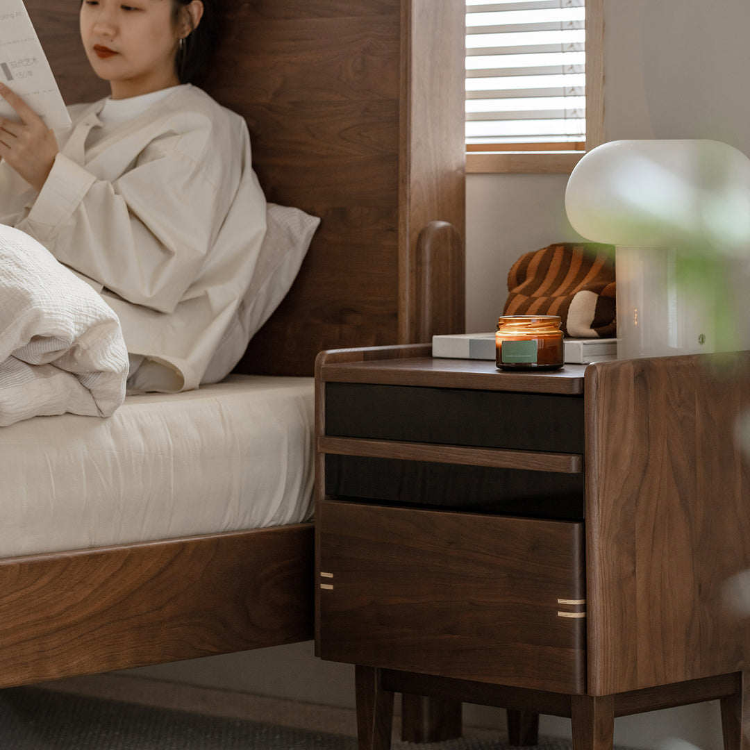 Japandi walnut wood side table dusk material variants.