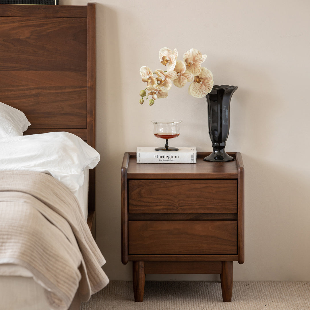 Japandi walnut wood side table vista size charts.