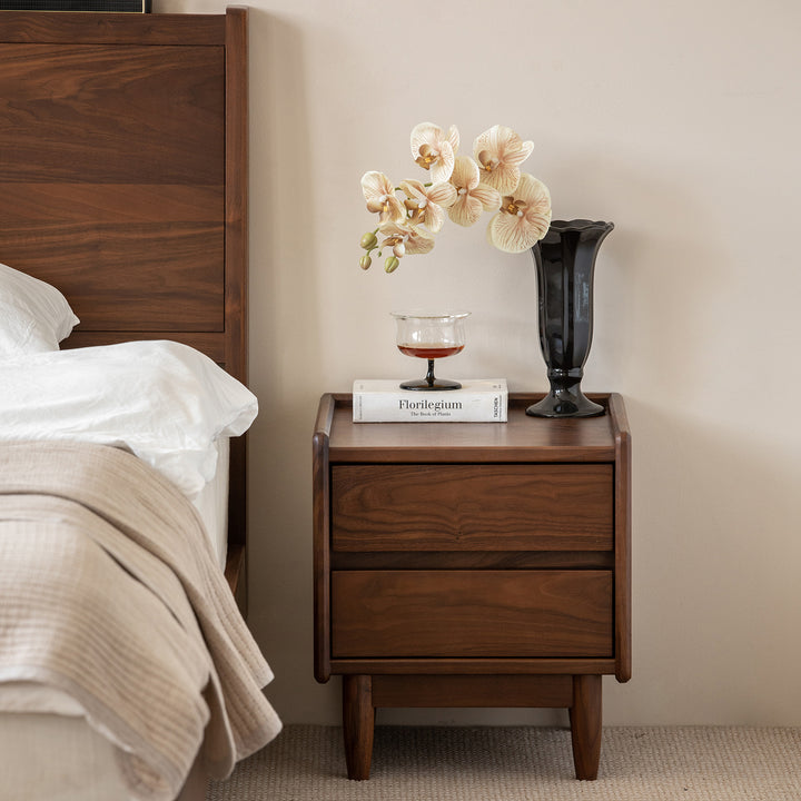 Japandi walnut wood side table vista size charts.