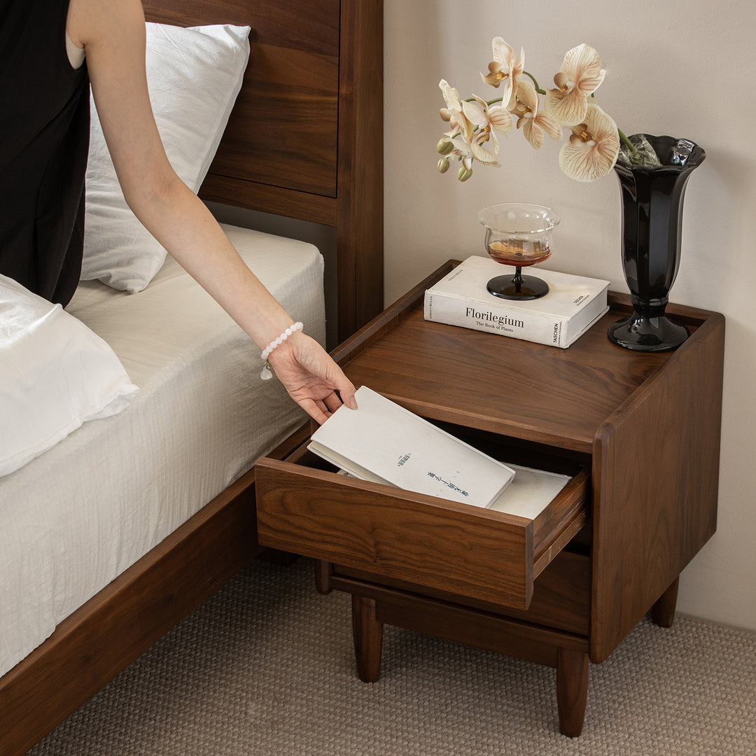 Japandi walnut wood side table vista with context.