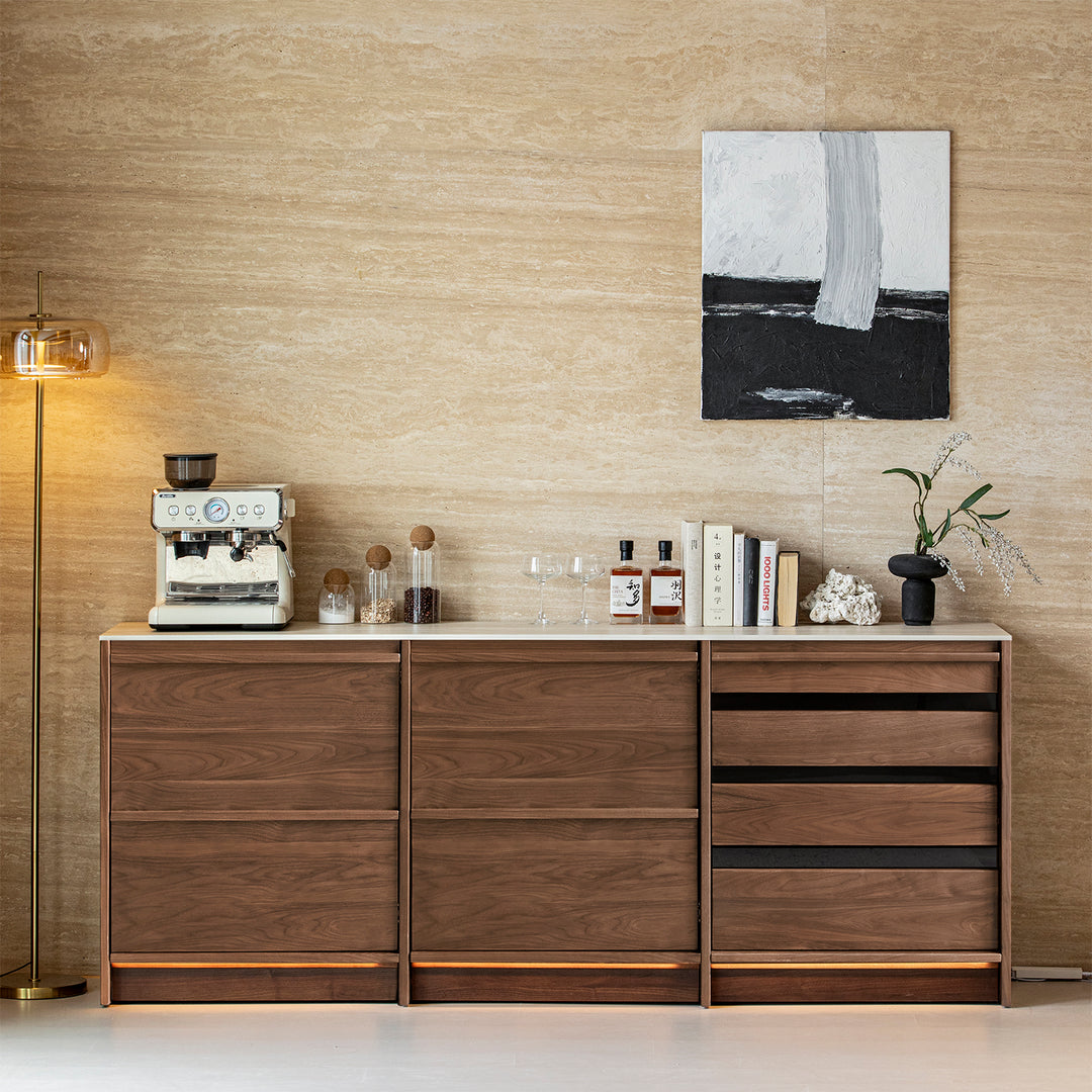 Japandi walnut wood sintered stone cabinet axis primary product view.