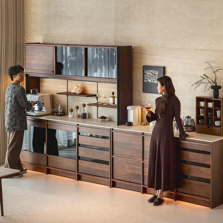 Japandi walnut wood sintered stone cabinet axis size charts.