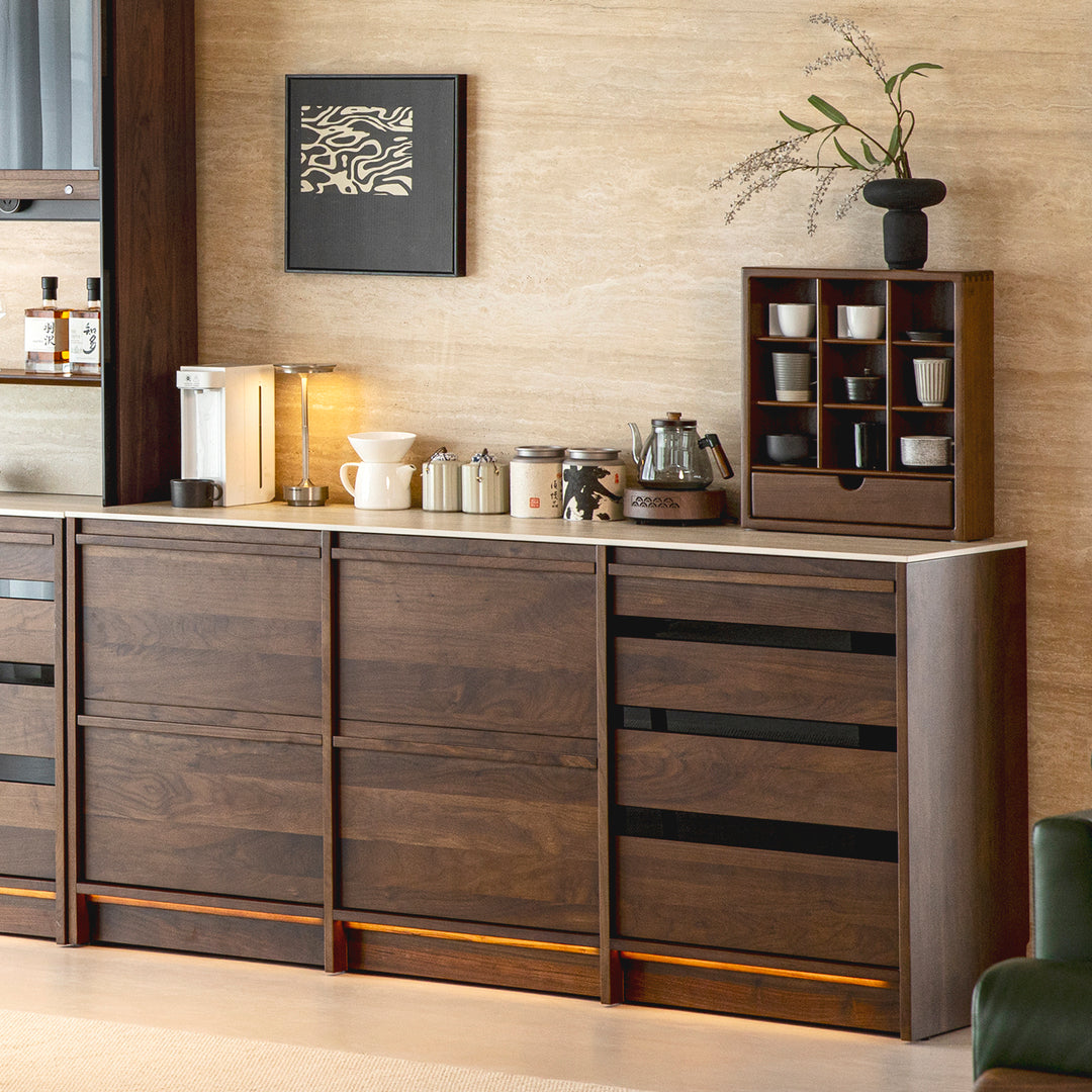 Japandi walnut wood sintered stone cabinet axis material variants.