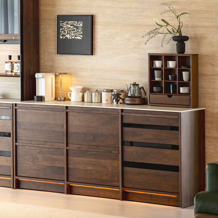 Japandi walnut wood sintered stone cabinet axis material variants.