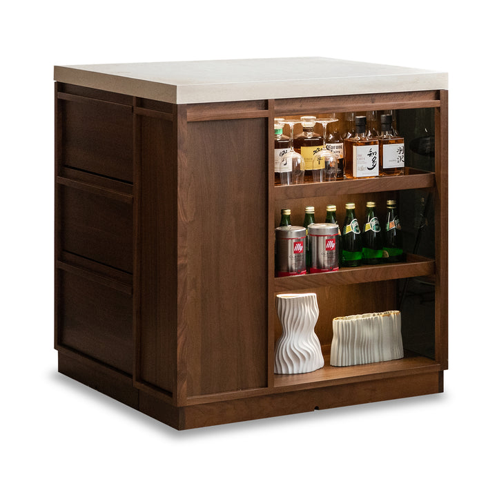 Japandi walnut wood sintered stone island dining table with cabinet axis in still life.