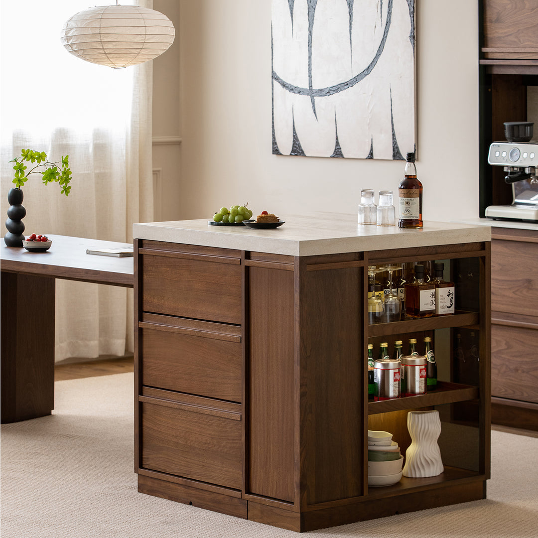 Japandi walnut wood sintered stone island dining table with cabinet axis color swatches.