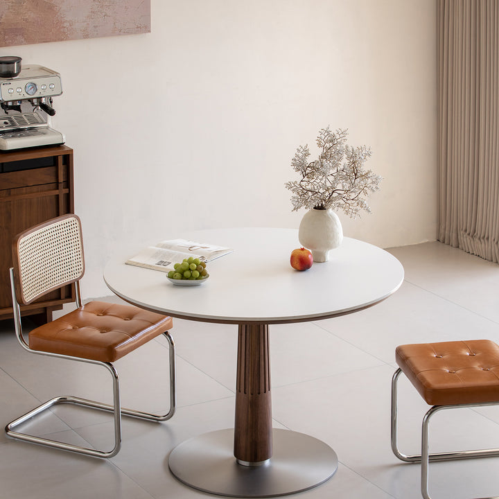 Japandi walnut wood sintered stone round dining table grey size charts.