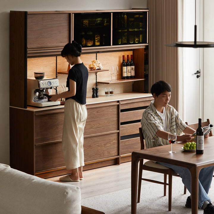 Japandi walnut wood sintered stone storage side cabinet axis material variants.
