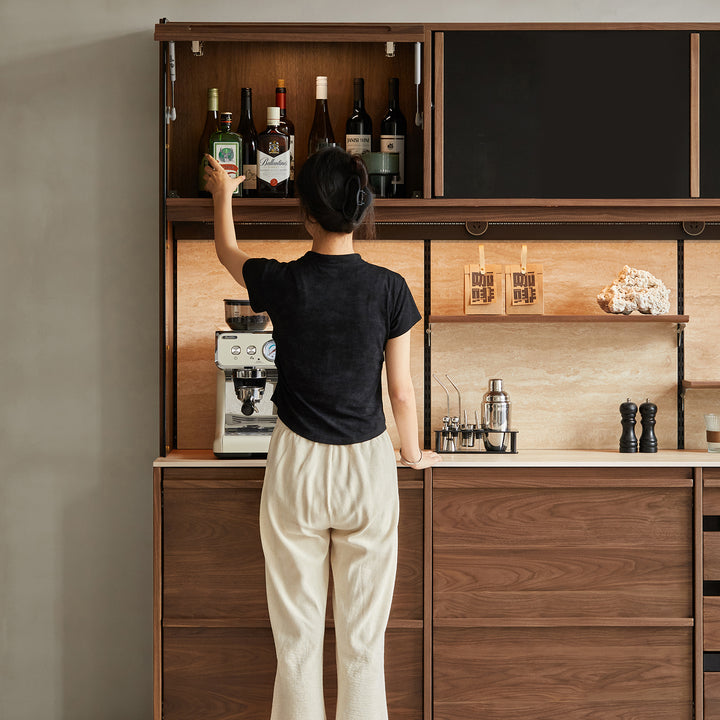 Japandi walnut wood sintered stone storage side cabinet axis with context.