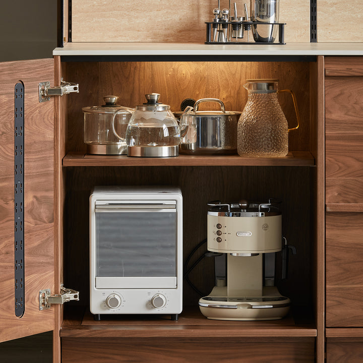 Japandi walnut wood sintered stone storage side cabinet axis situational feels.