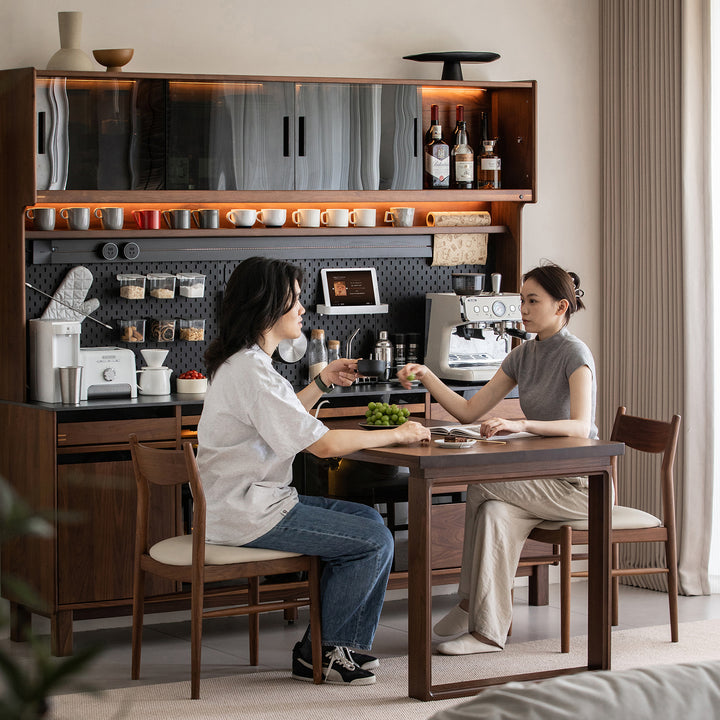 Japandi walnut wood storage side cabinet with dining table harmon in still life.