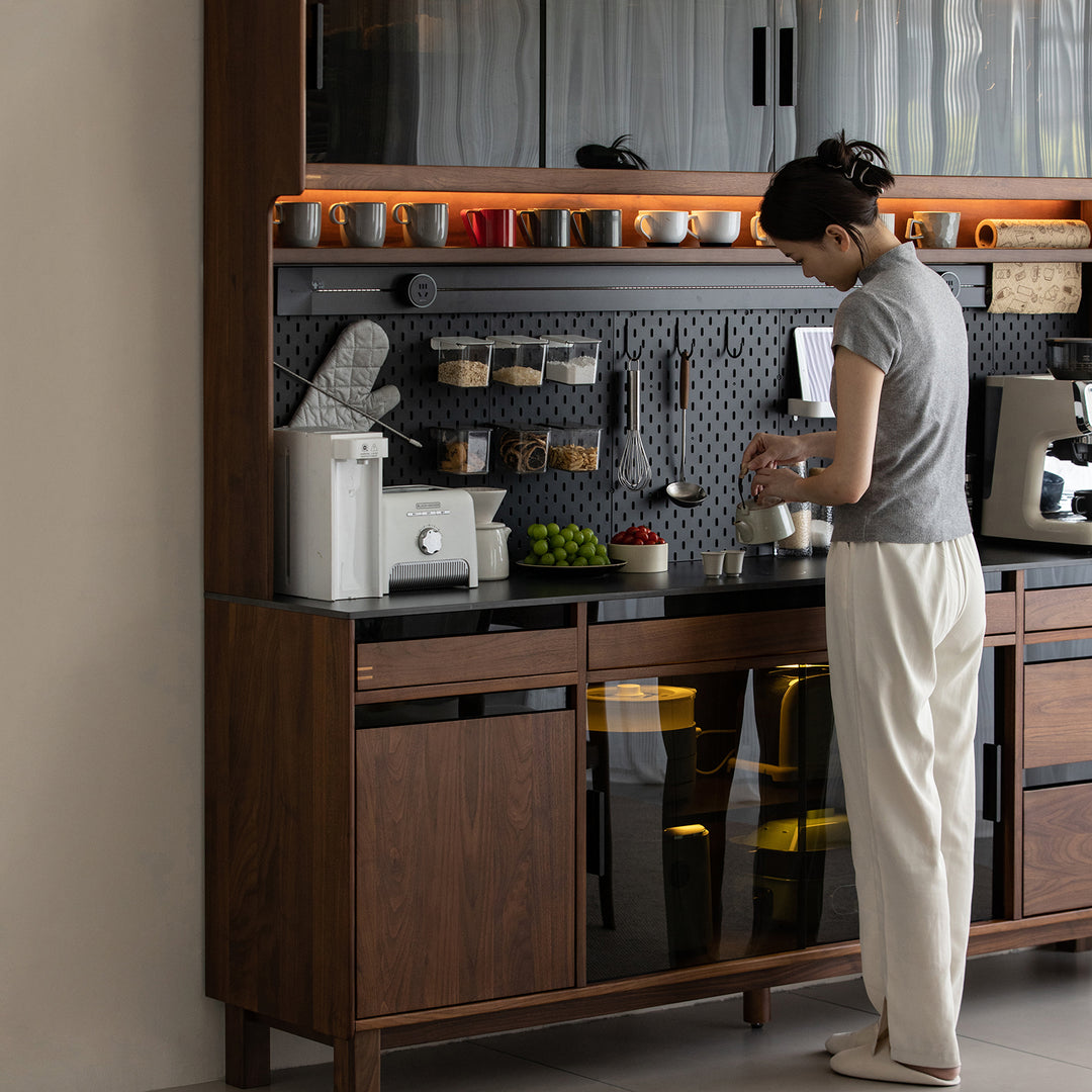 Japandi walnut wood storage side cabinet with dining table harmon color swatches.