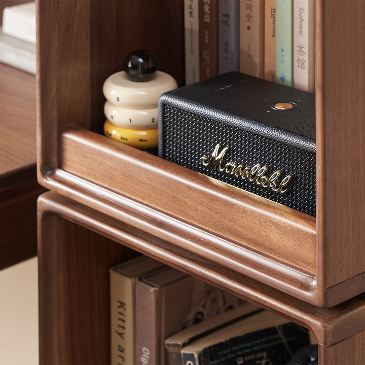 Japandi walnut wood swivel side cabinet monash in still life.