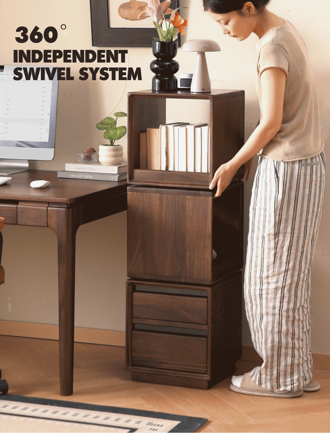 Japandi walnut wood swivel side cabinet monash with context.