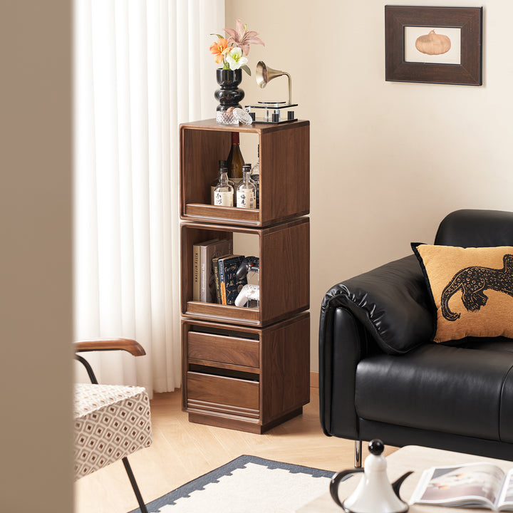 Japandi walnut wood swivel side cabinet monash size charts.