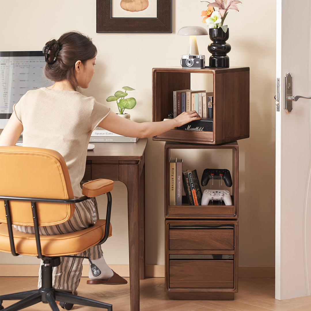 Japandi walnut wood swivel side cabinet monash in real life style.