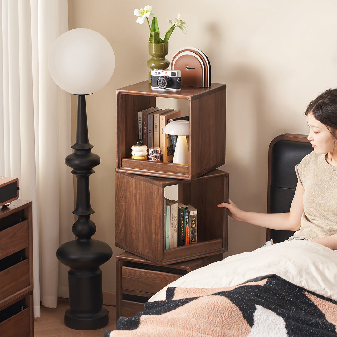 Japandi walnut wood swivel side cabinet monash in details.