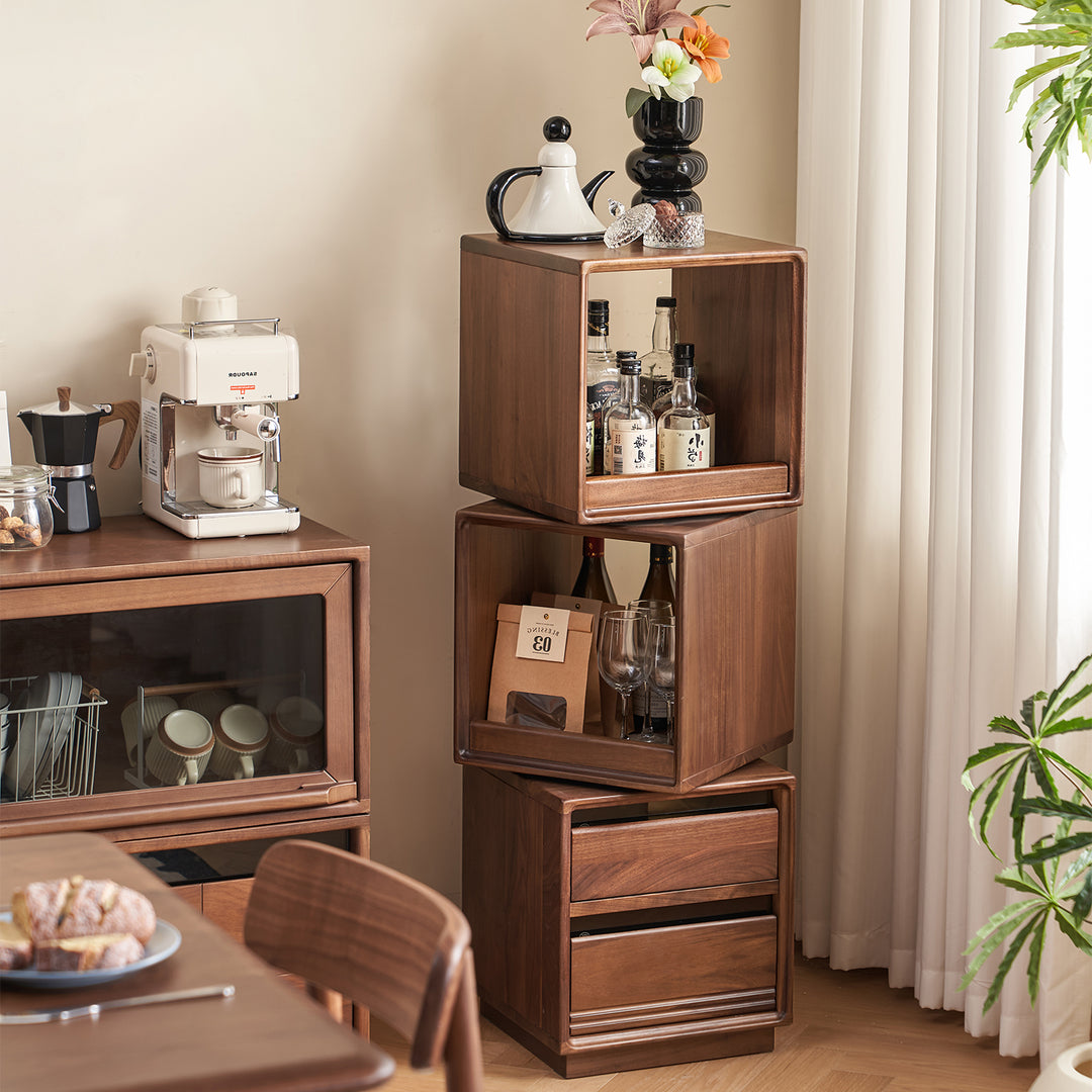 Japandi walnut wood swivel side cabinet monash in close up details.