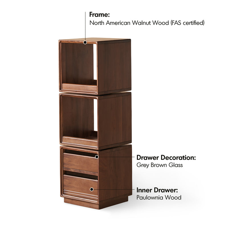 Japandi Walnut Wood Swivel Side Cabinet MONASH Material Details Chart