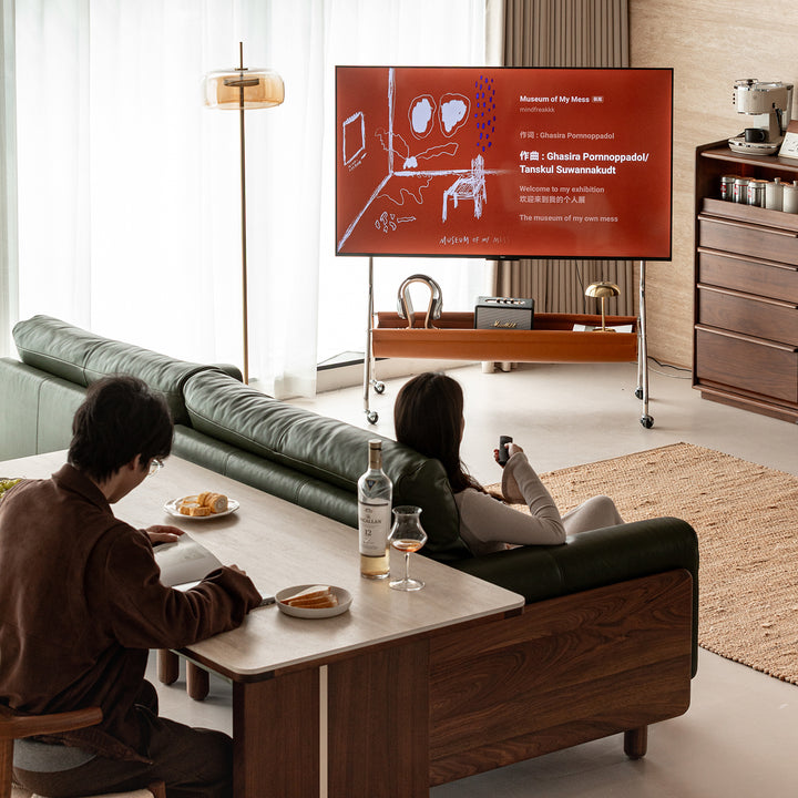 Japandi walnut wood tv hanger sereno conceptual design.