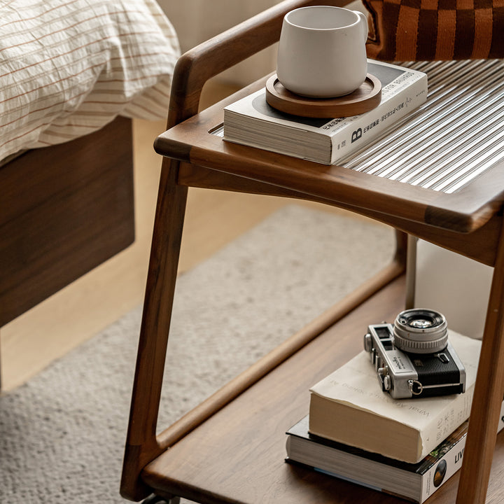 Japandi Walnut Wood Wheeled Trolley Side Table YOYO