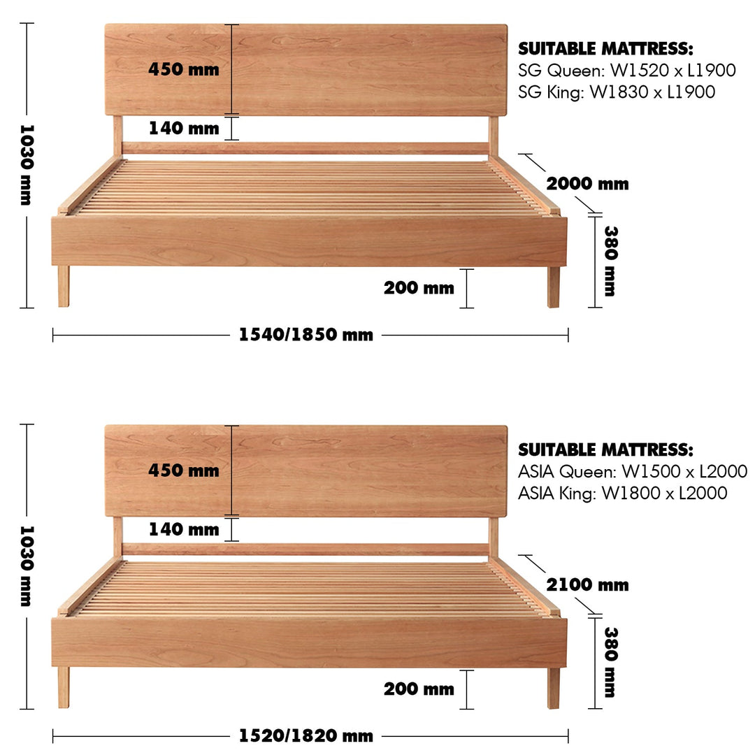 Japandi wood bed cherry nut size charts.