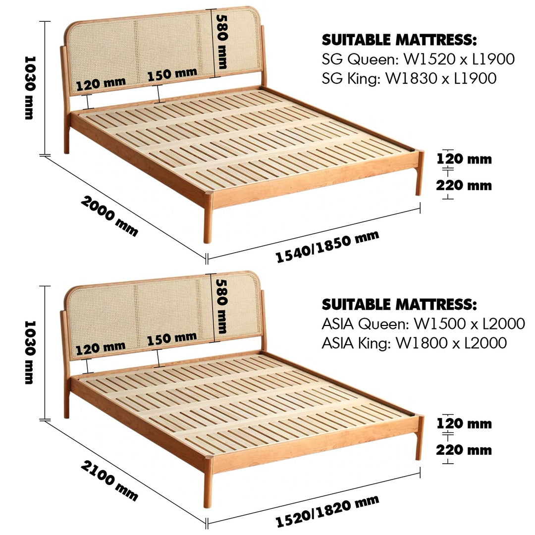 Japandi wood bed cherry rattan size charts.