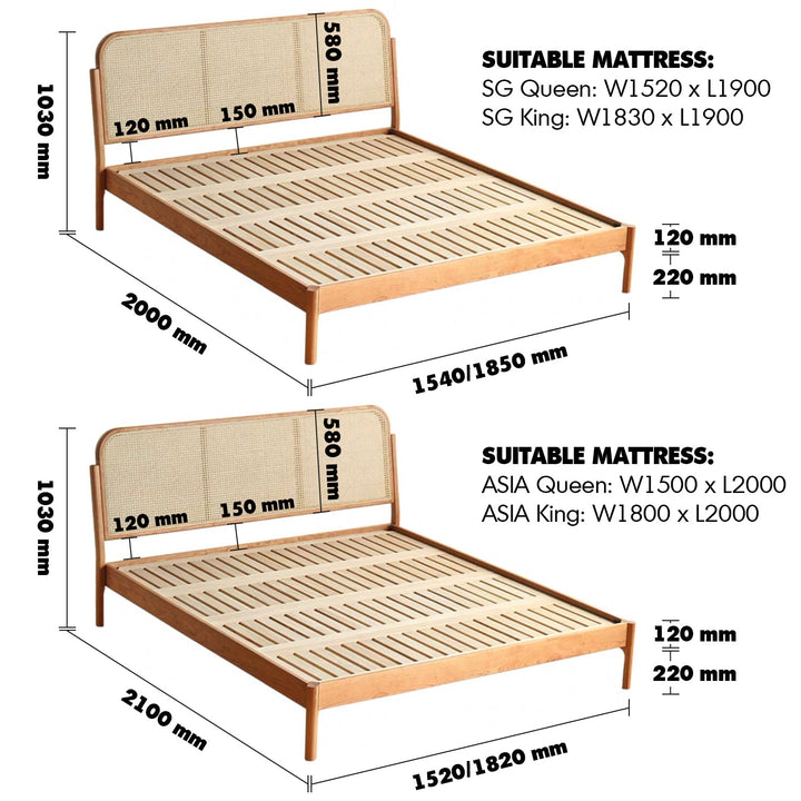 Japandi wood bed cherry rattan size charts.