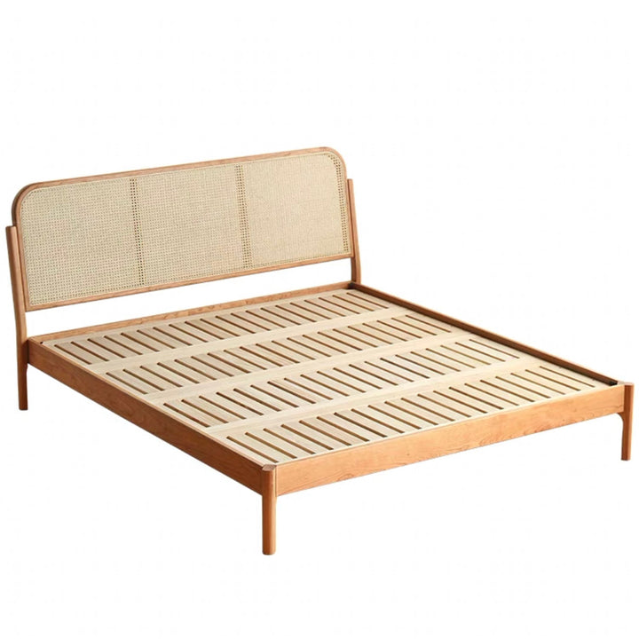 Japandi wood bed cherry rattan in white background.