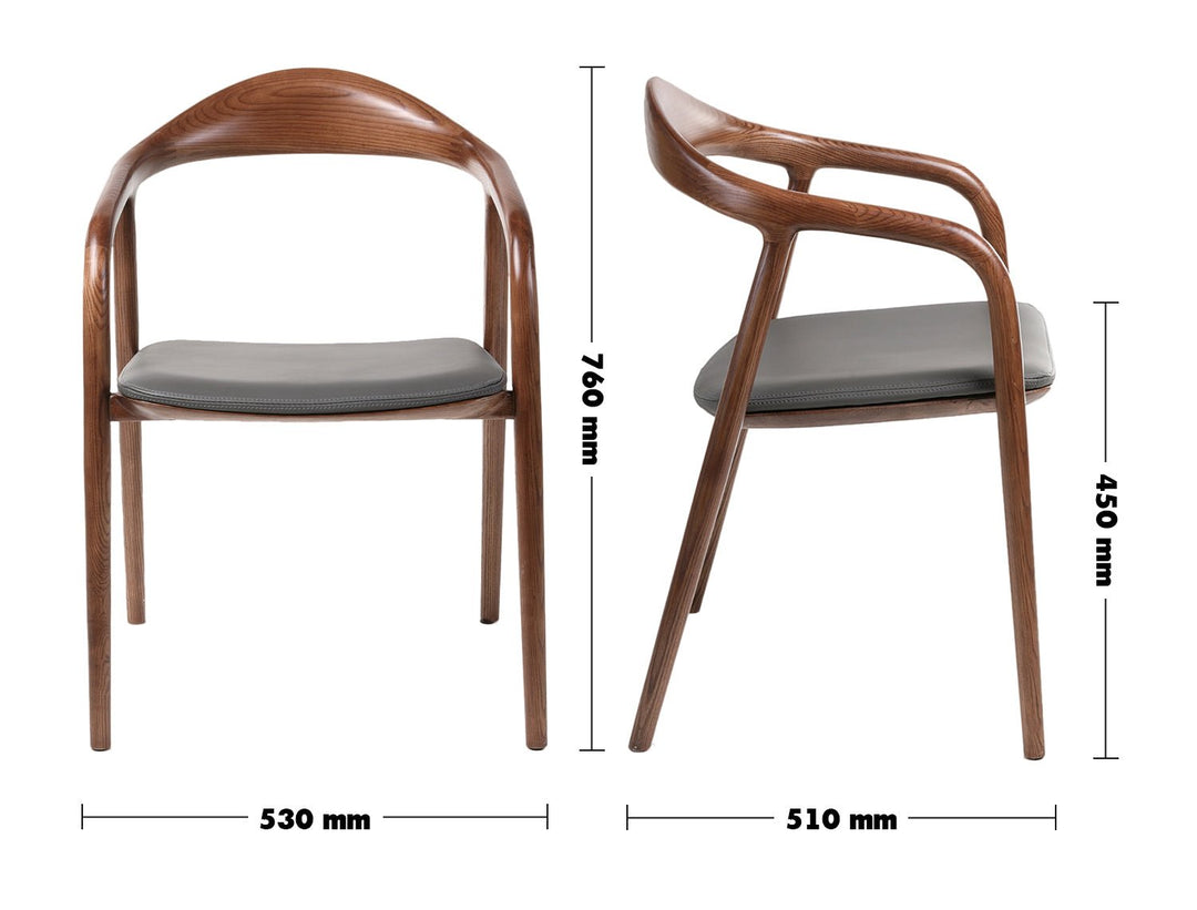 Japandi wood dining chair neum size charts.