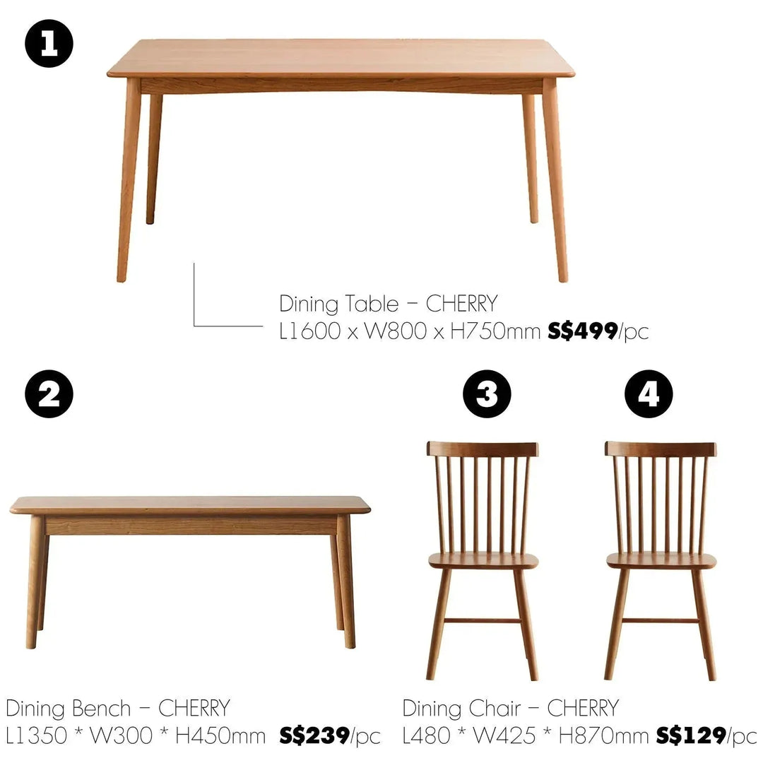 Japandi Wood Dining Set 4 Pieces CHERRY