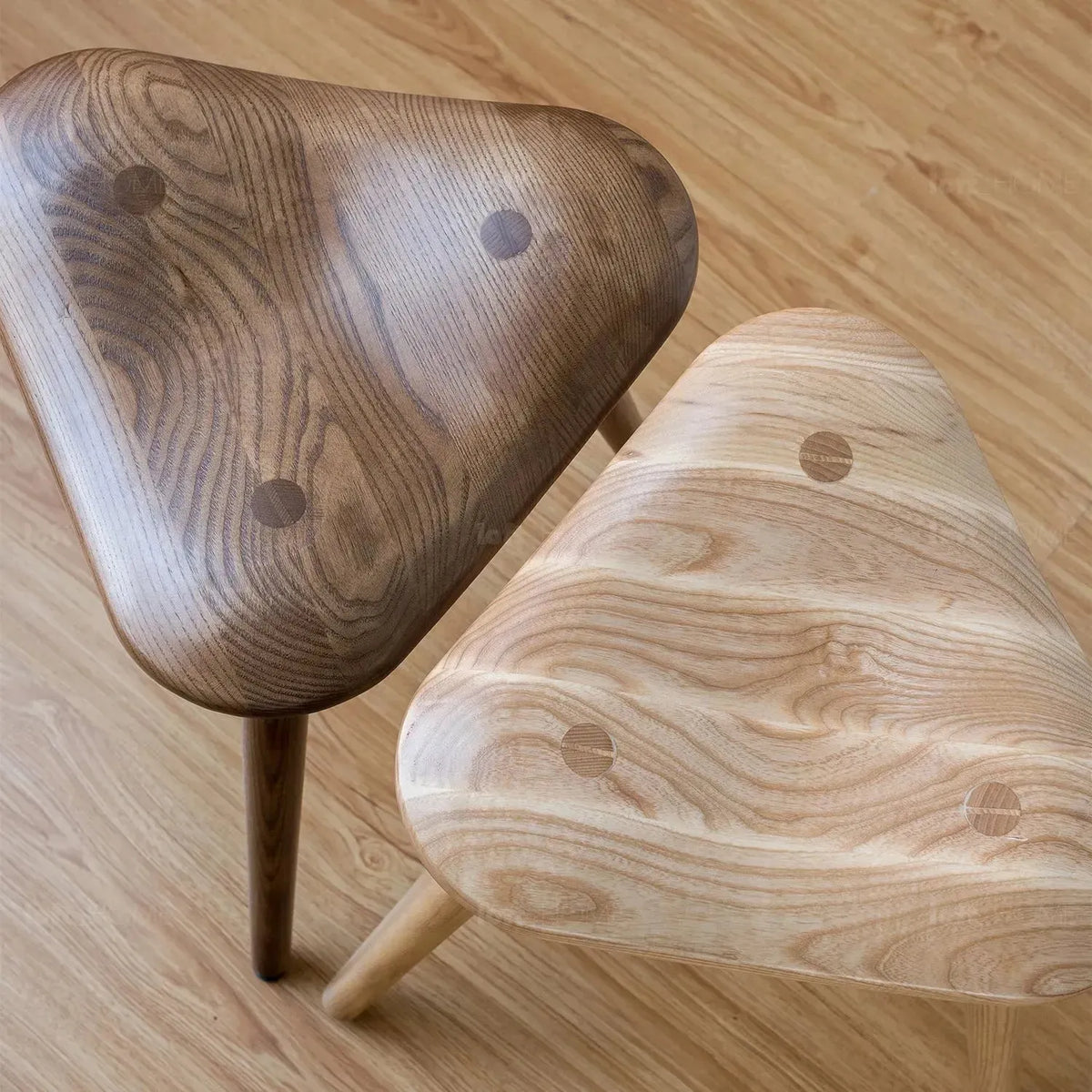 Japandi wood dining stool ride layered structure.