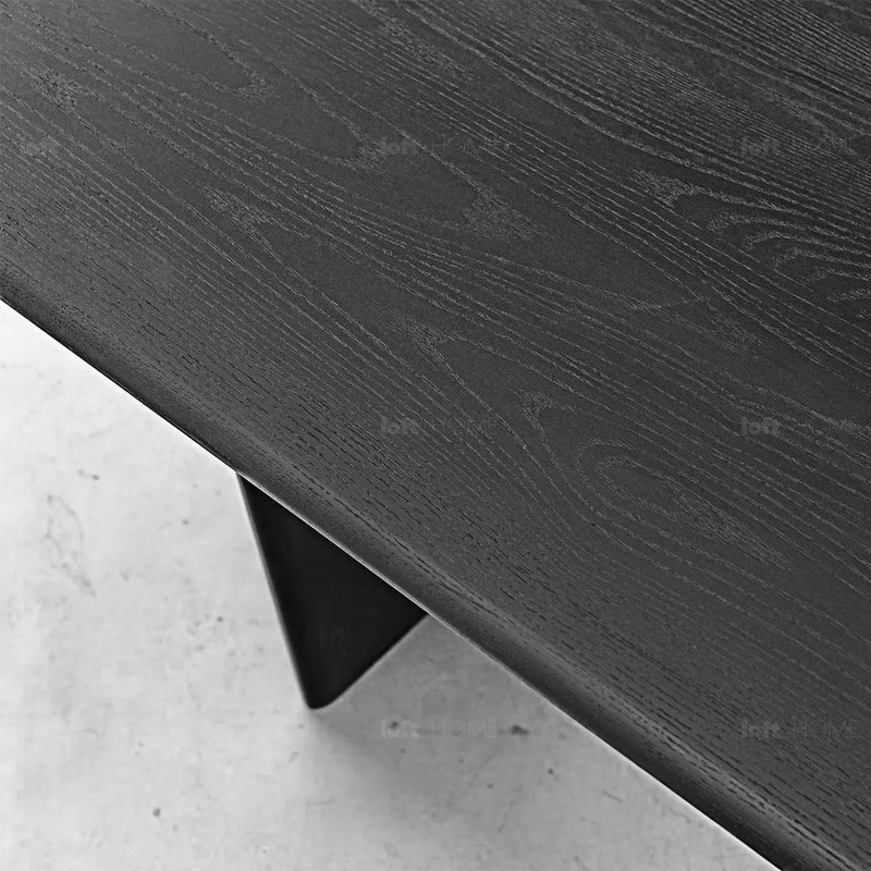 Japandi wood dining table sail in panoramic view.