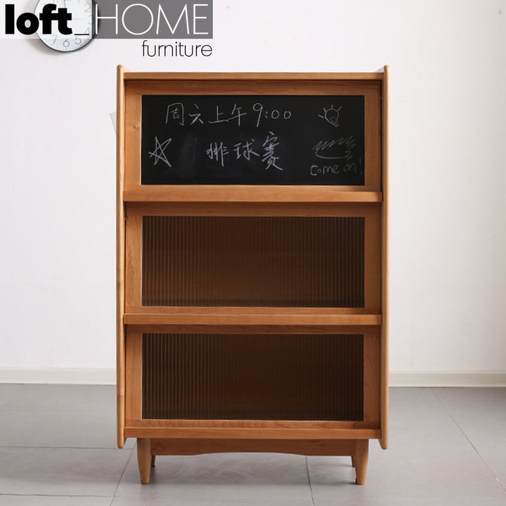 Japandi wood display cabinet cherry moru in real life style.