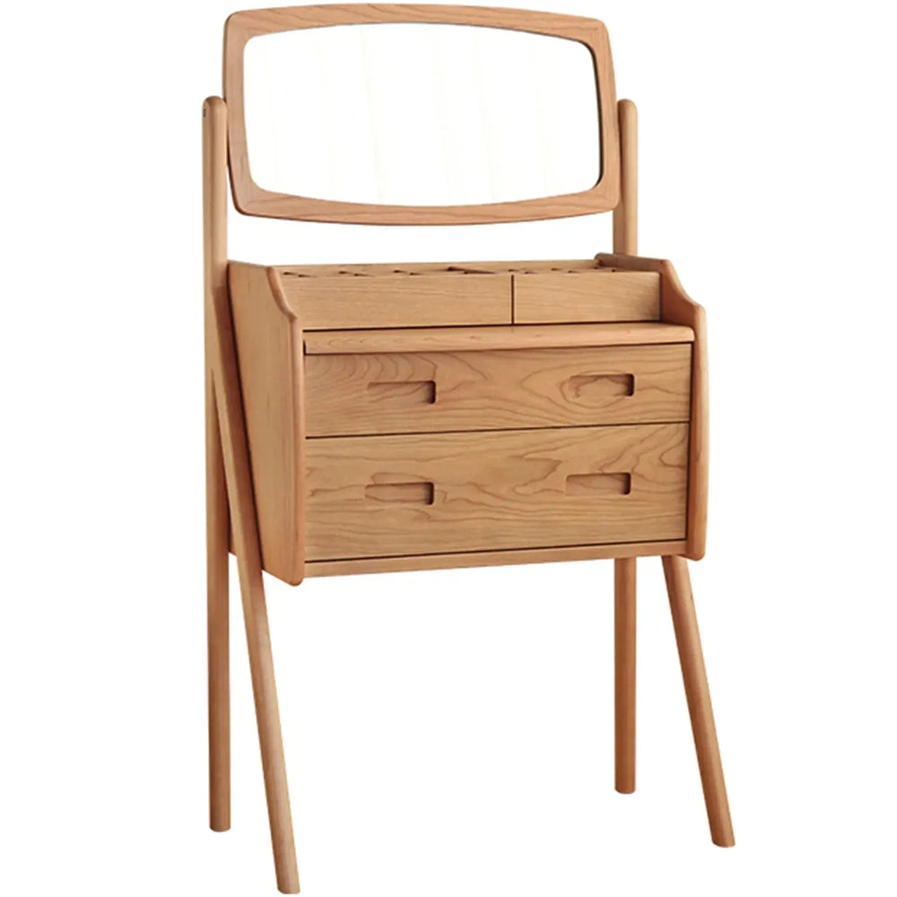 Japandi wood dressing table cherry era in white background.