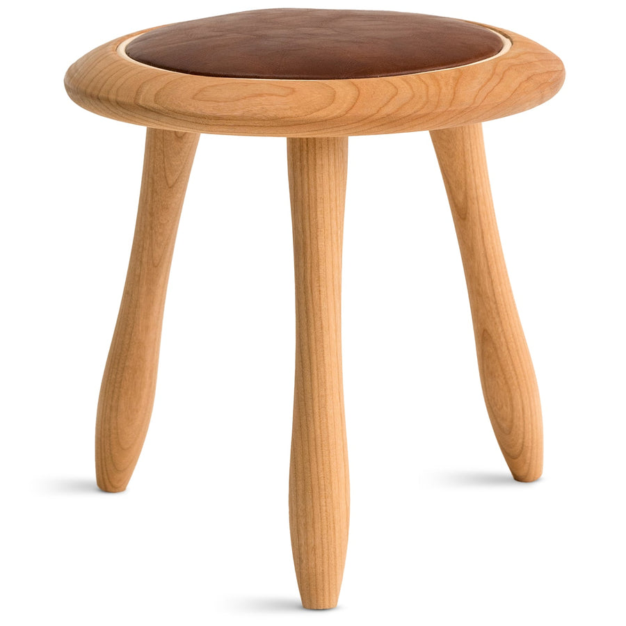 Japandi wood round stool petite in white background.