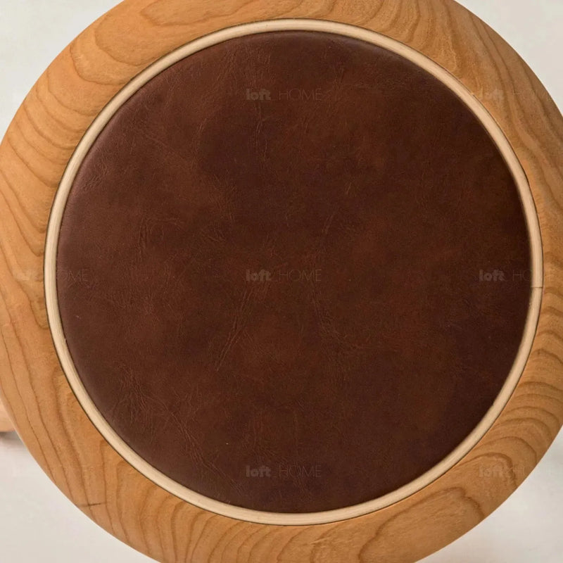 Japandi wood round stool 2pcs set petite in close up details.