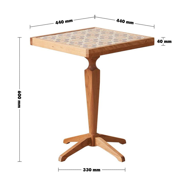 Japandi wood side table cherry ceramic size charts.