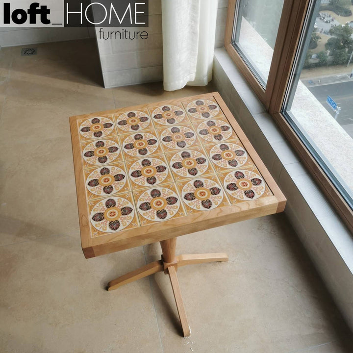 Japandi wood side table cherry ceramic conceptual design.
