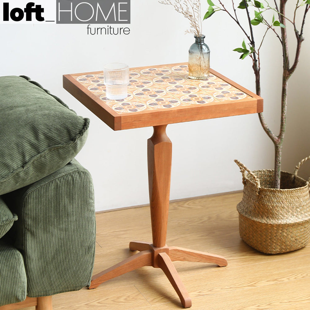 Japandi wood side table cherry ceramic primary product view.