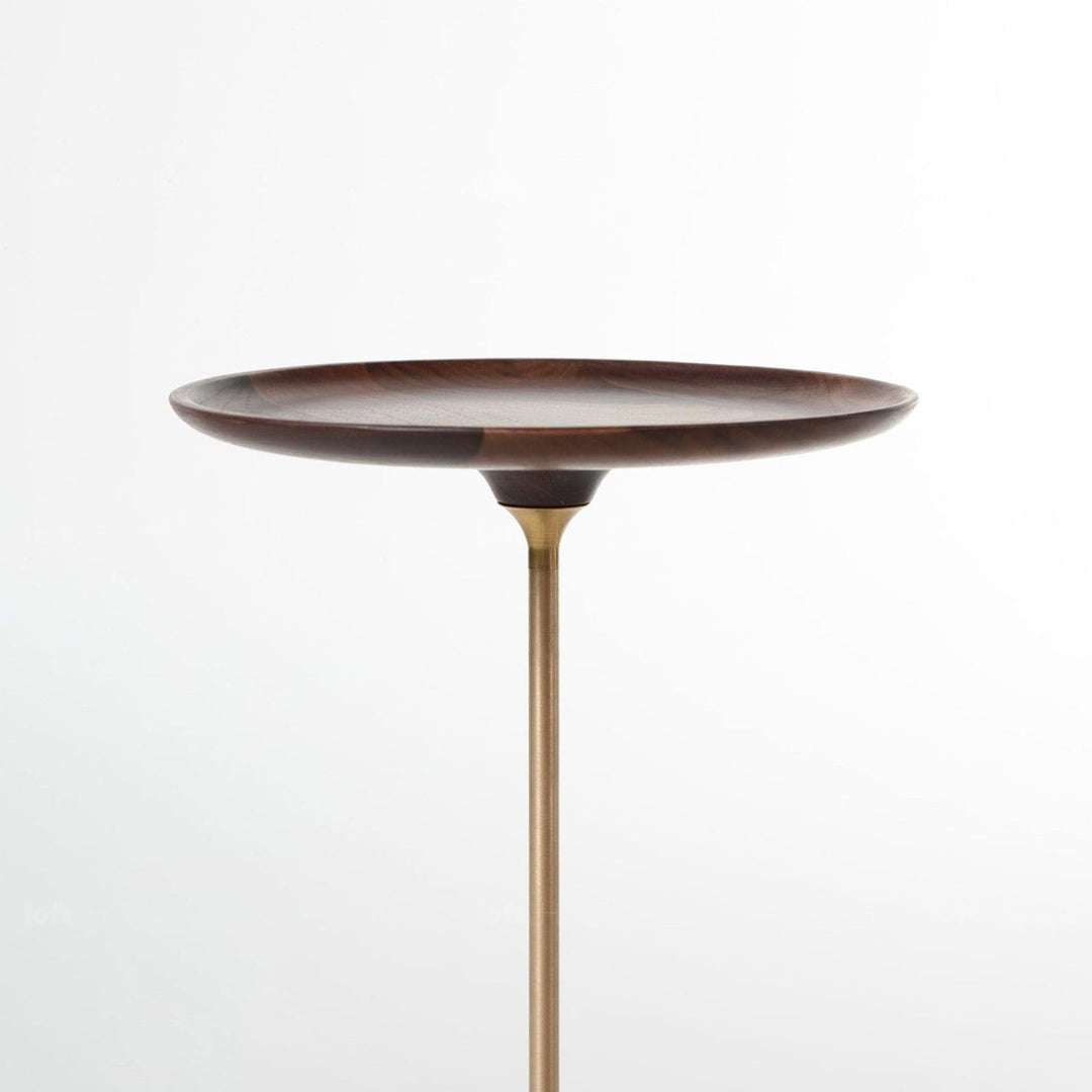 Japandi wood side table cocktail in panoramic view.