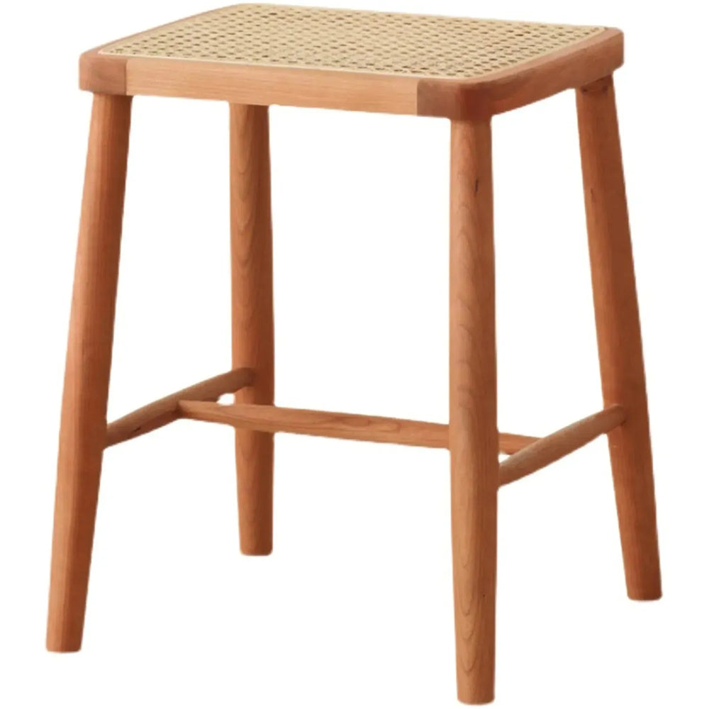 Japandi wood stool cherry rattan in white background.