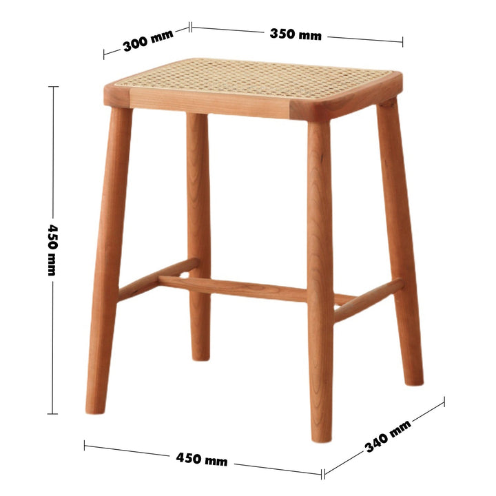Japandi wood stool cherry rattan size charts.