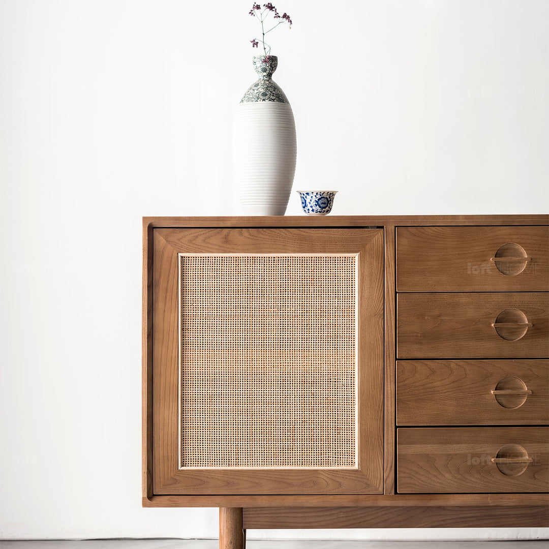 Japandi wood storage cabinet peak in close up details.