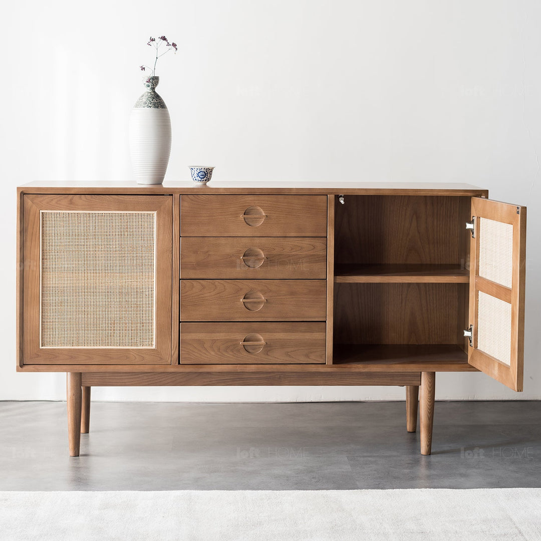 Japandi wood storage cabinet peak material variants.