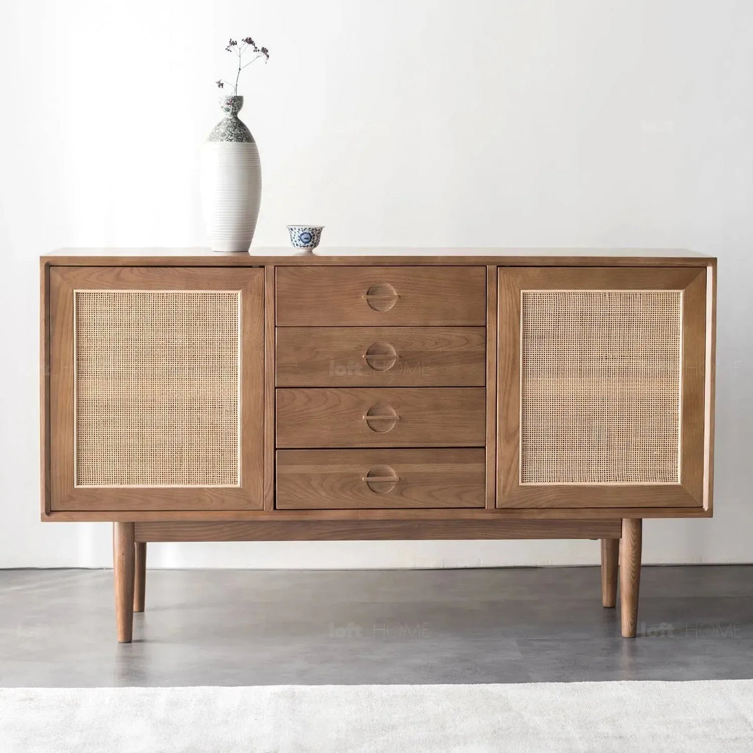 Japandi wood storage cabinet peak color swatches.