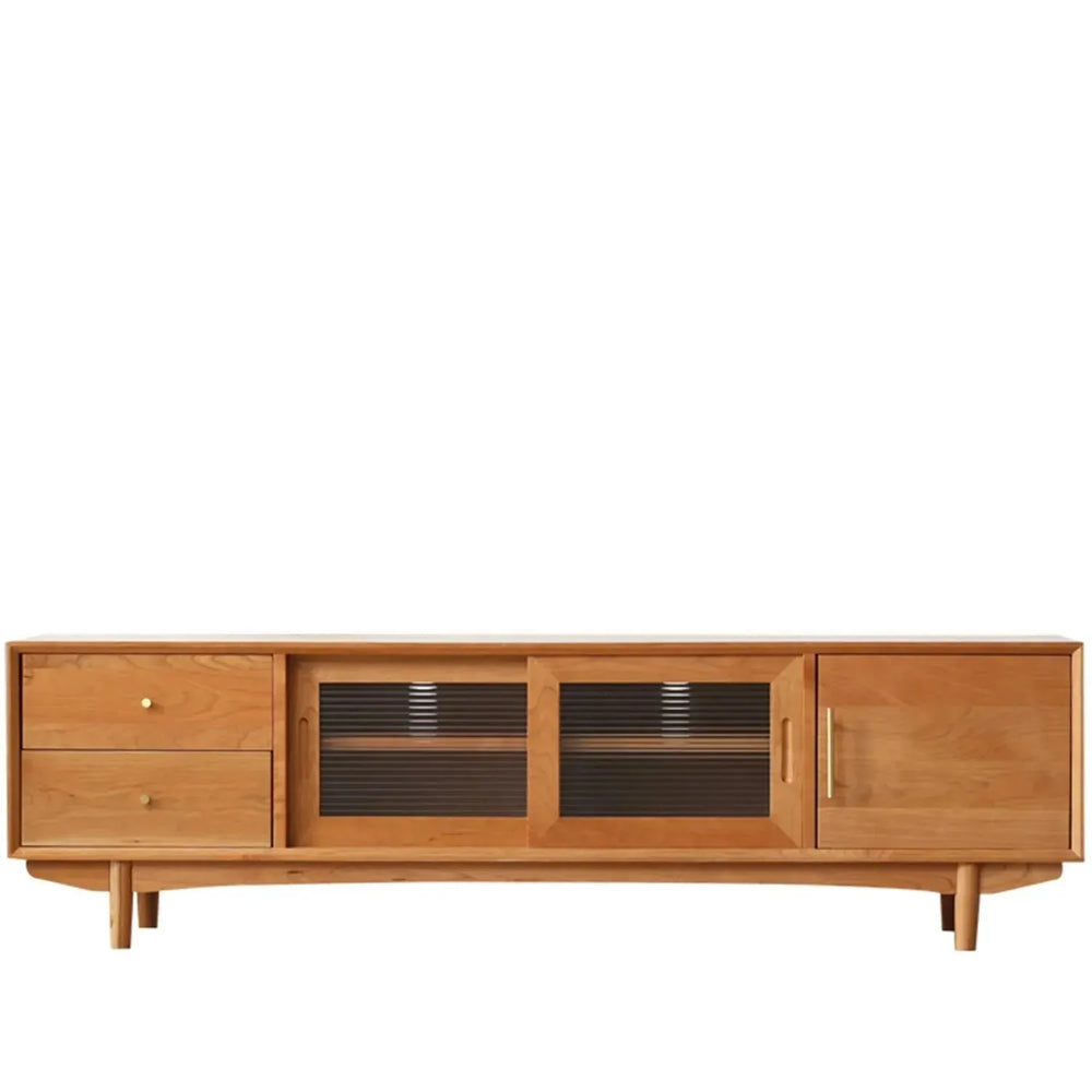 Japandi wood tv console cherry slide in white background.