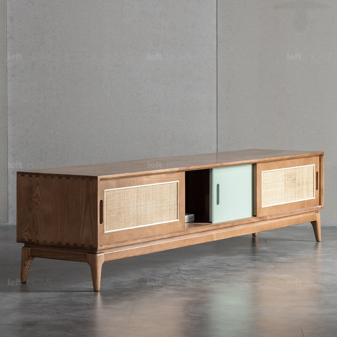 Japandi wood tv console peak in real life style.