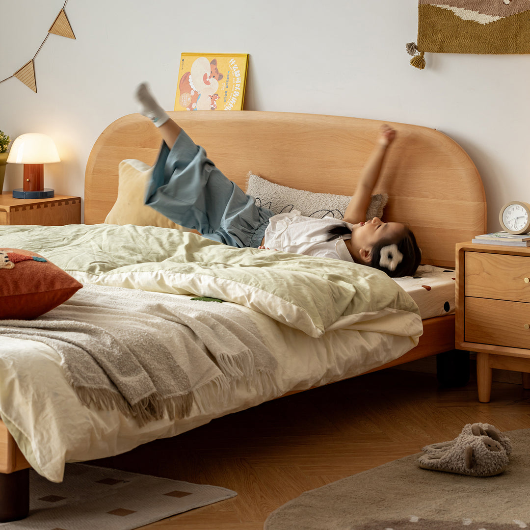 Scandinavian beech wood kids bed teddy in close up details.