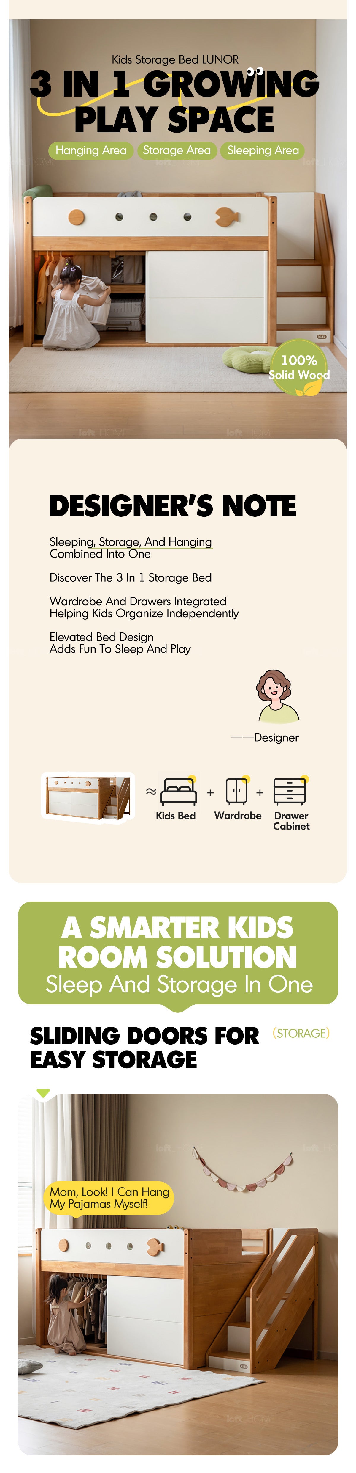 Scandinavian Rubber Wood Kids Storage Bed LUNOR Good to Know - 1